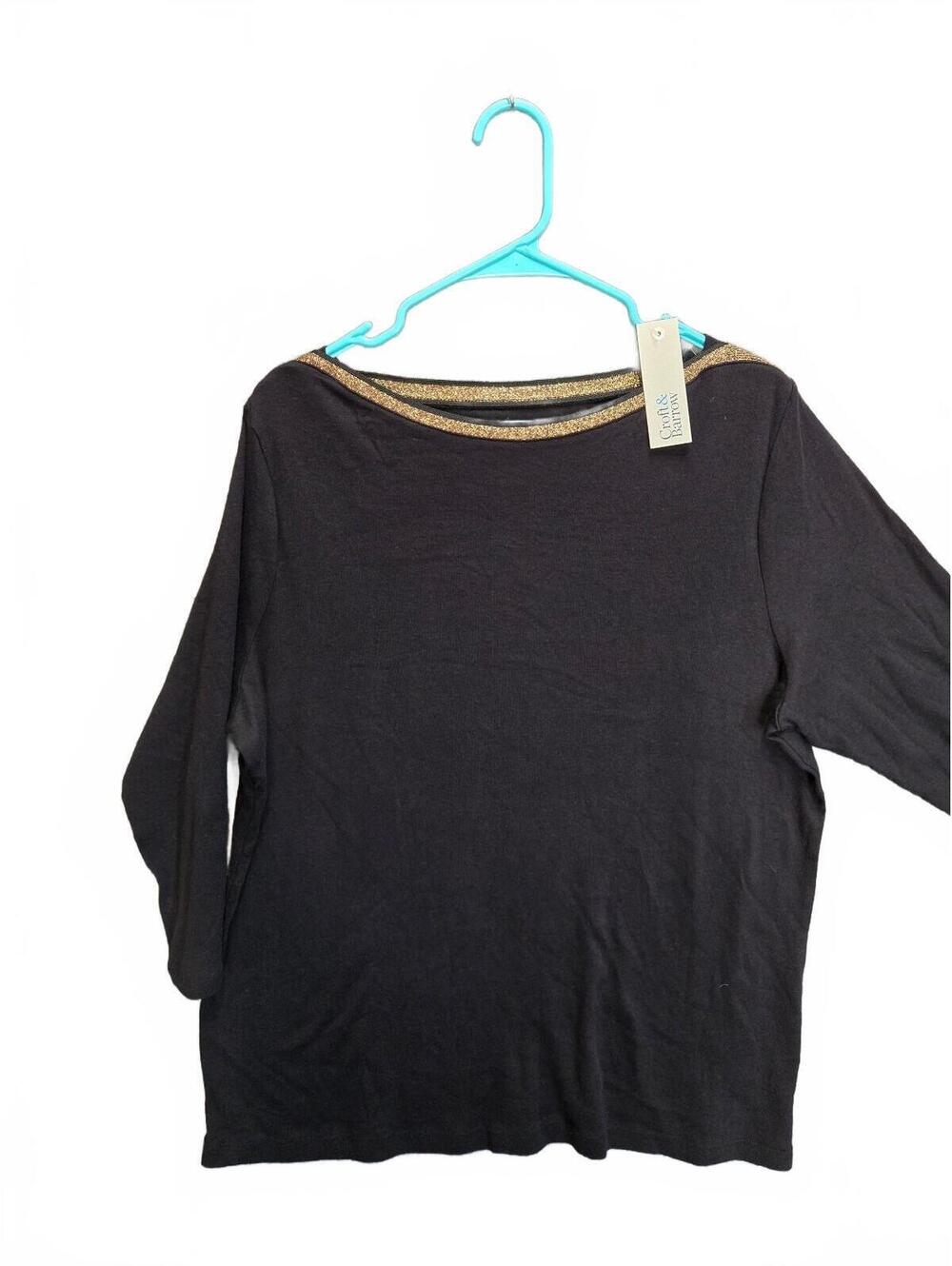 NWT Croft & Barrow Black Knit Blouse Gold Trim Boat Neck Top Size XXL